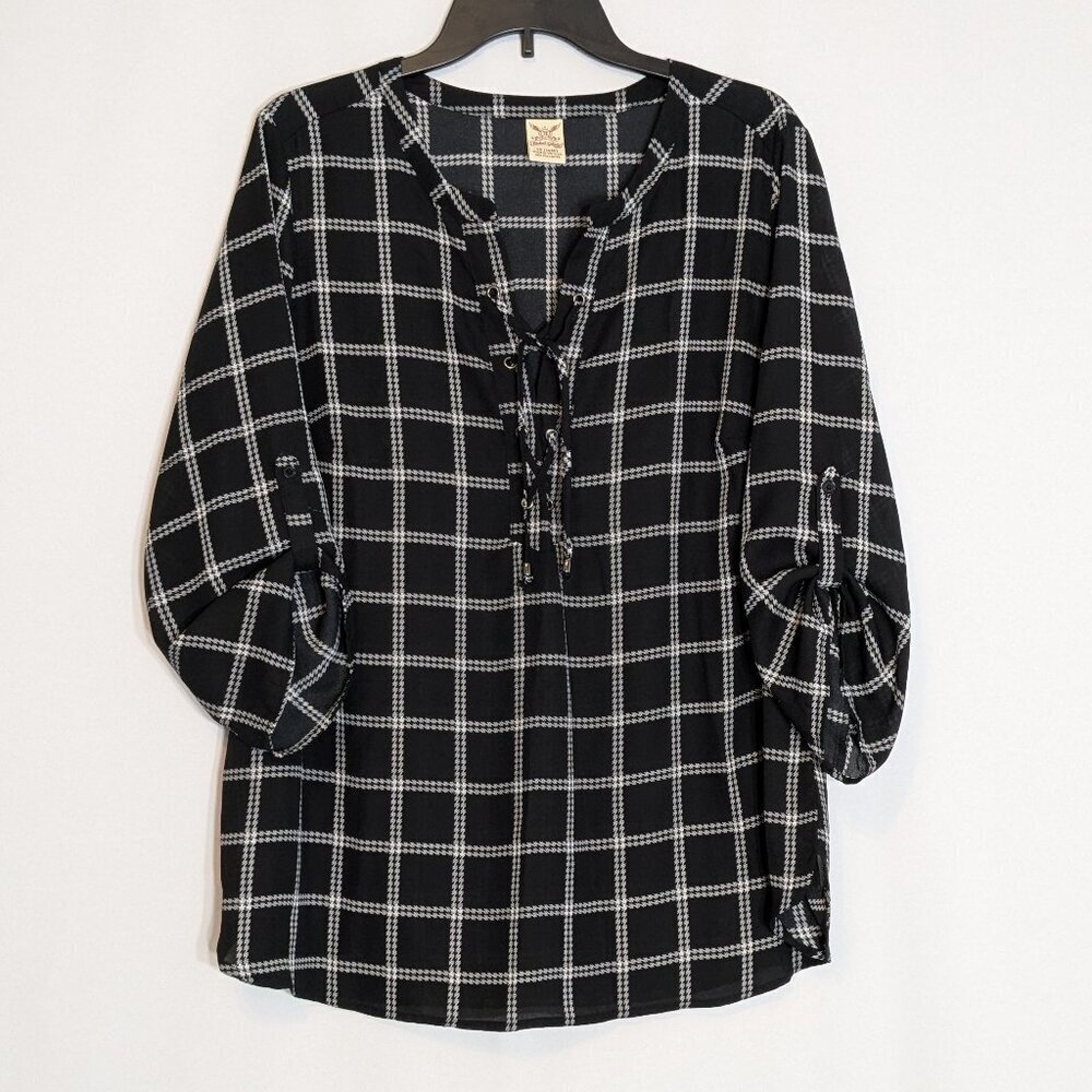 FADED GLORY Black/White Chiffon 3/4 Sleeve Boho Peasant Top; Size 1X (16W)